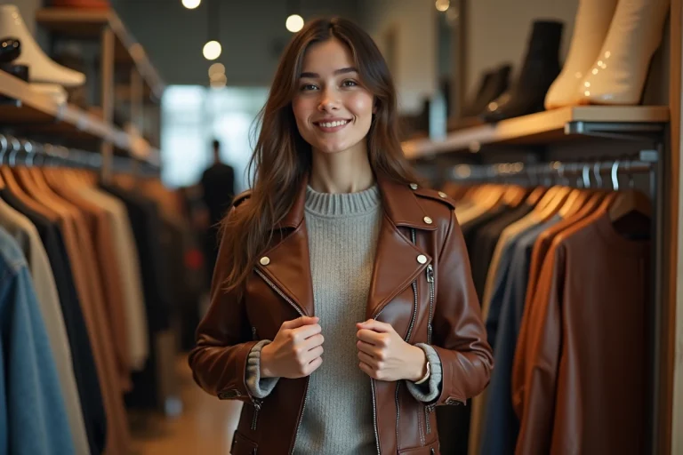 Jeune femme souriante essayant une veste en cuir dans une boutique