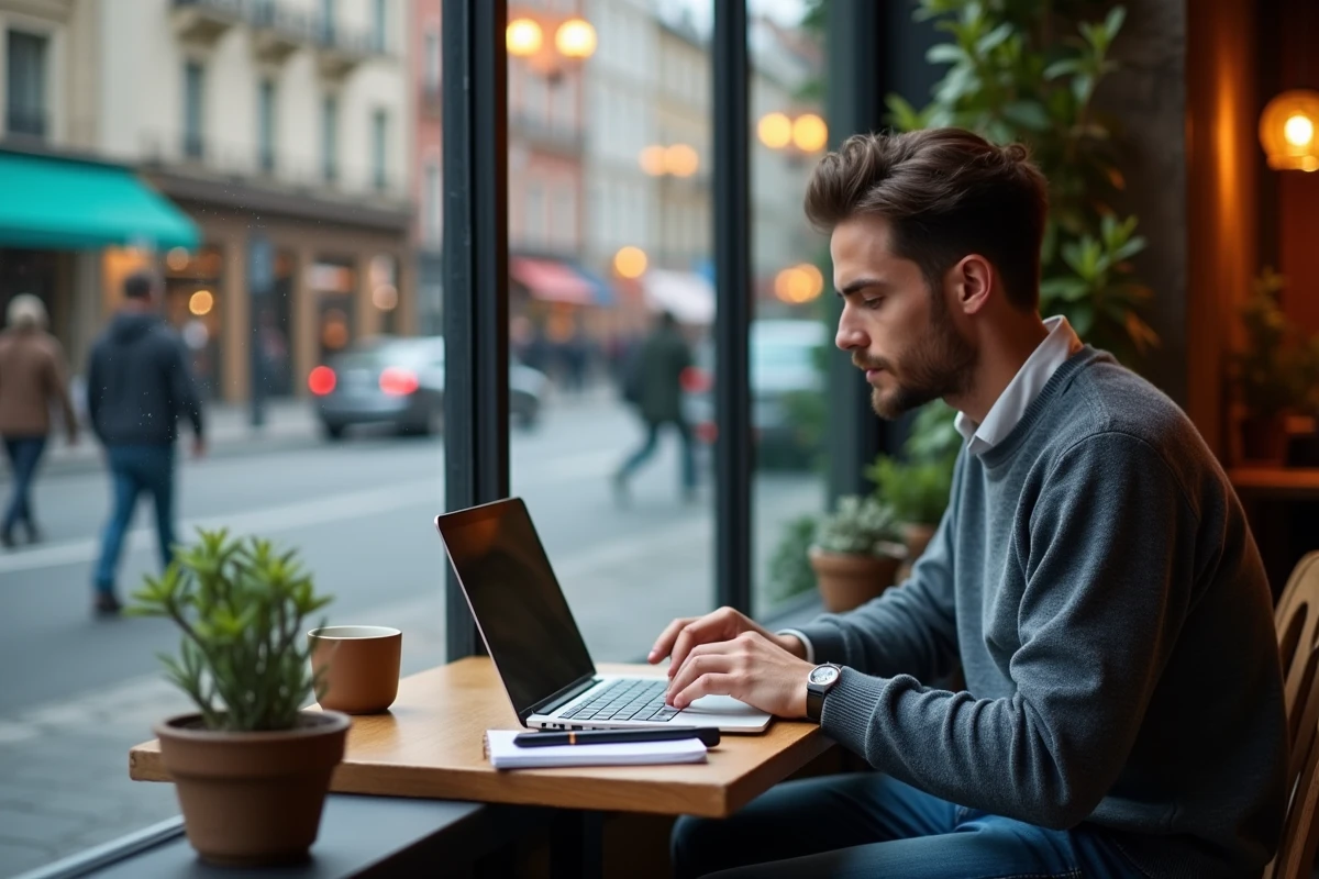 Jeune homme analysant ses statistiques dans un café animé