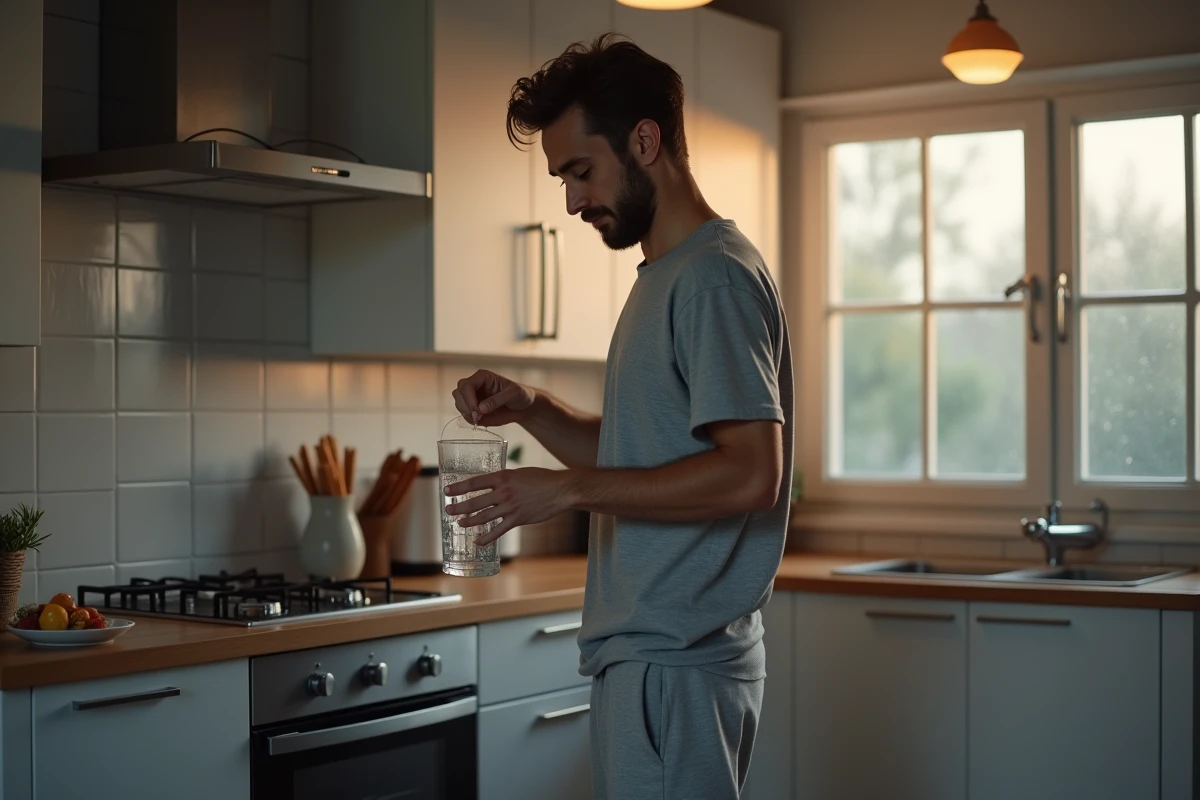 Jeune homme dans la cuisine au matin en train de verser de l