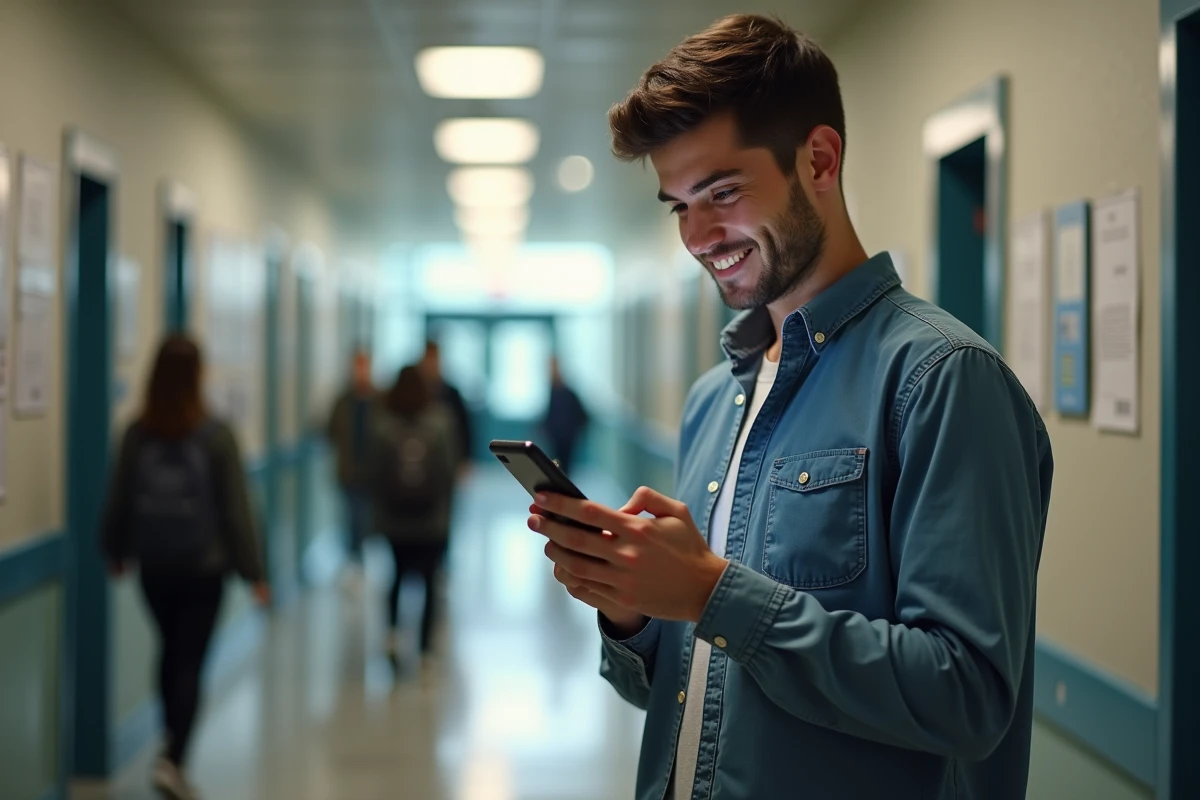 Jeune homme dans un couloir universitaire vérifiant son smartphone