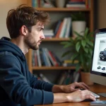Jeune homme en bureau à domicile avec manuel auto sur écran