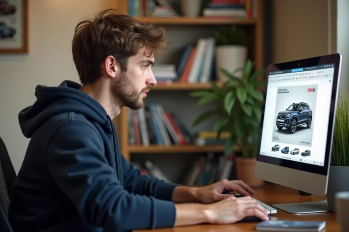 Jeune homme en bureau à domicile avec manuel auto sur écran