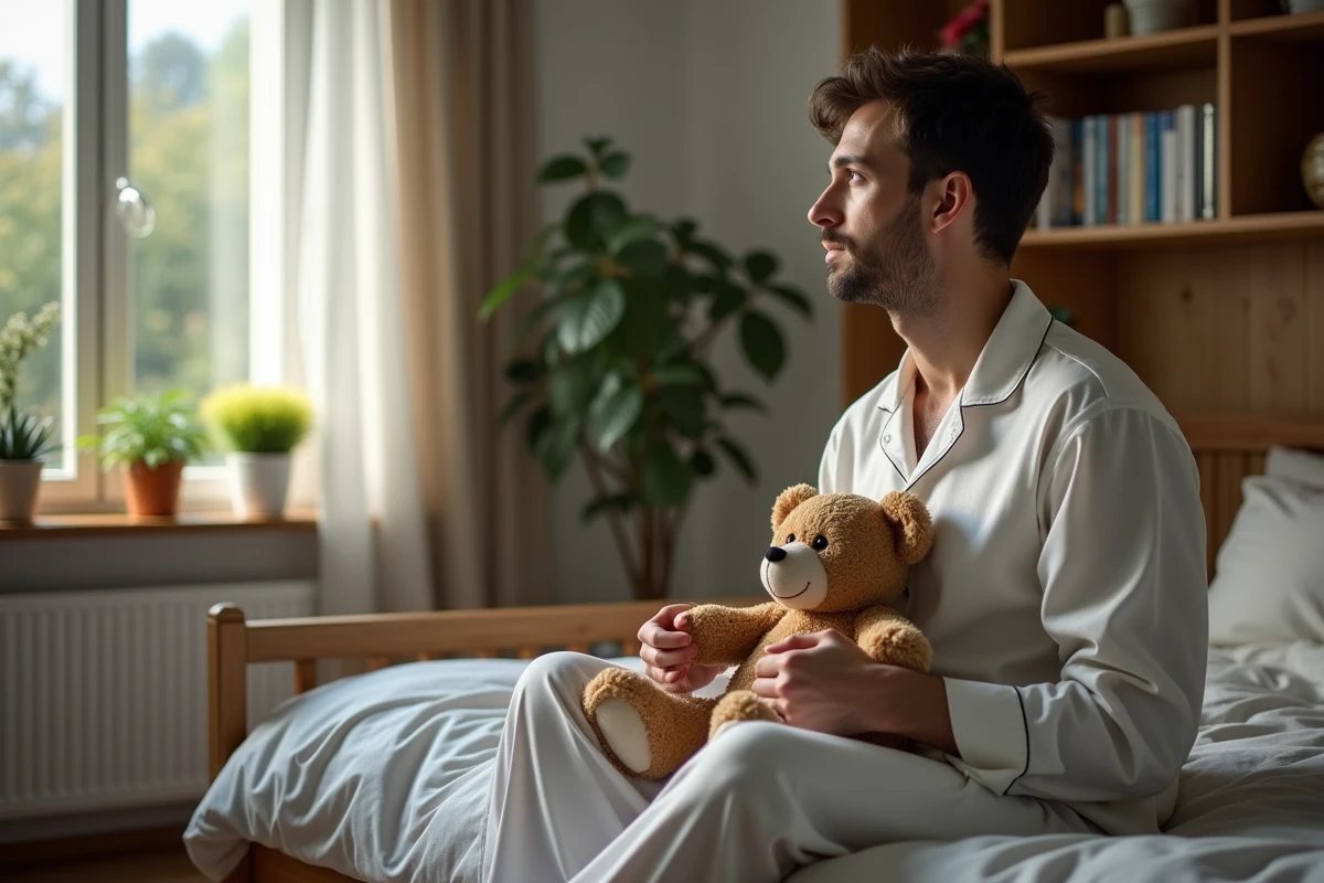 Jeune homme pensif avec peluche dans sa chambre
