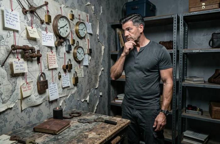 Homme concentré dans une salle d'escape game urbain résolvant des énigmes entouré d'indices complexes, loisir insolite et immersif