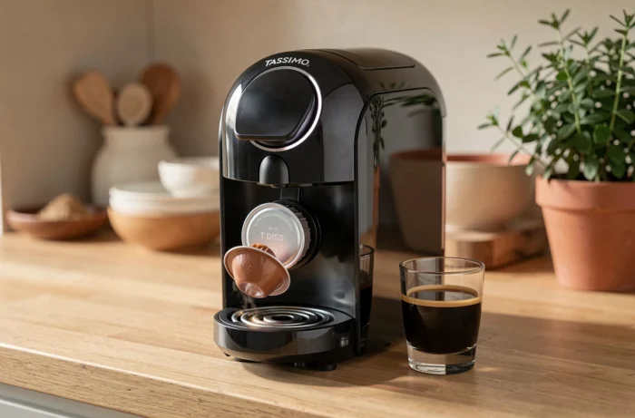 Machine Tassimo avec un T DISC éjecté et une petite tasse de café insuffisamment remplie sur le plan de travail