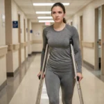 Femme utilisant des béquilles d'avant-bras dans un couloir d'hôpital avec une posture correcte après une blessure