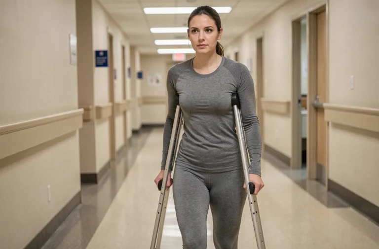 Femme utilisant des béquilles d'avant-bras dans un couloir d'hôpital avec une posture correcte après une blessure