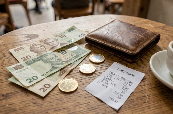 Billets et pièces en livres de Gibraltar et en euros sur une table de café avec un portefeuille de voyage