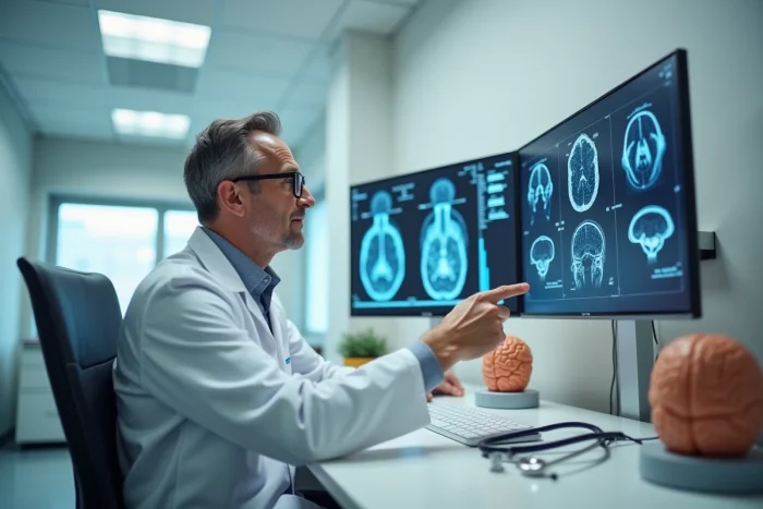 Neurologue examinant des IRM cérébrales en cabinet médical, évaluation des séquelles d'un KO sur le cerveau