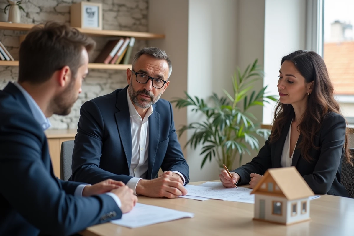 Notaire français avec clients discutant de documents immobiliers