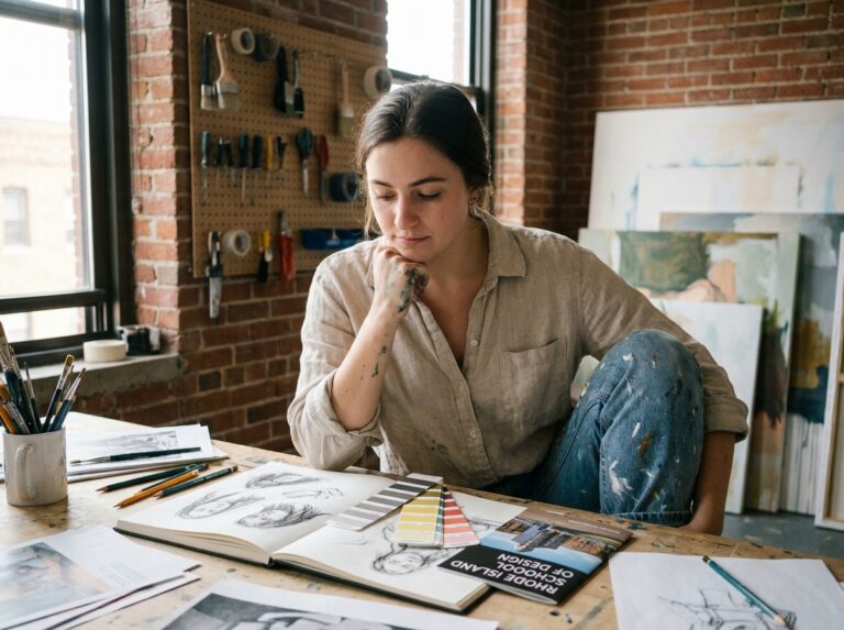 Jeune femme réfléchissant à son orientation artistique dans un atelier entouré de carnets de croquis et de brochures de formations