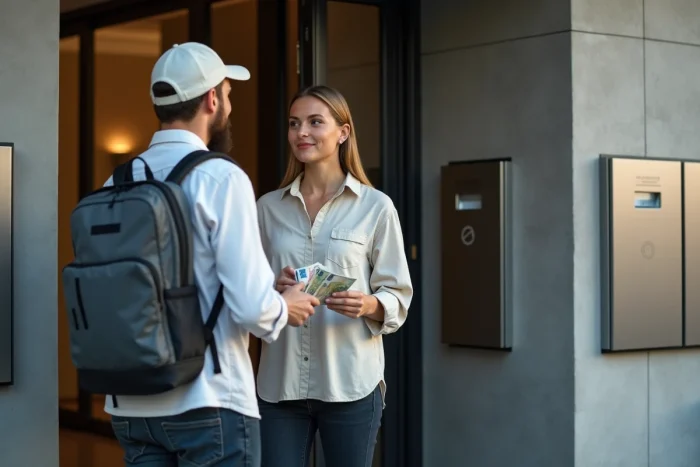 Femme remettant des espèces en euros à un livreur Uber Eats devant la porte d'un immeuble résidentiel