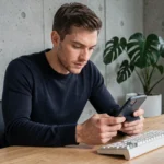 Homme passionné de technologie examinant un smartphone pliable dans un bureau minimaliste moderne