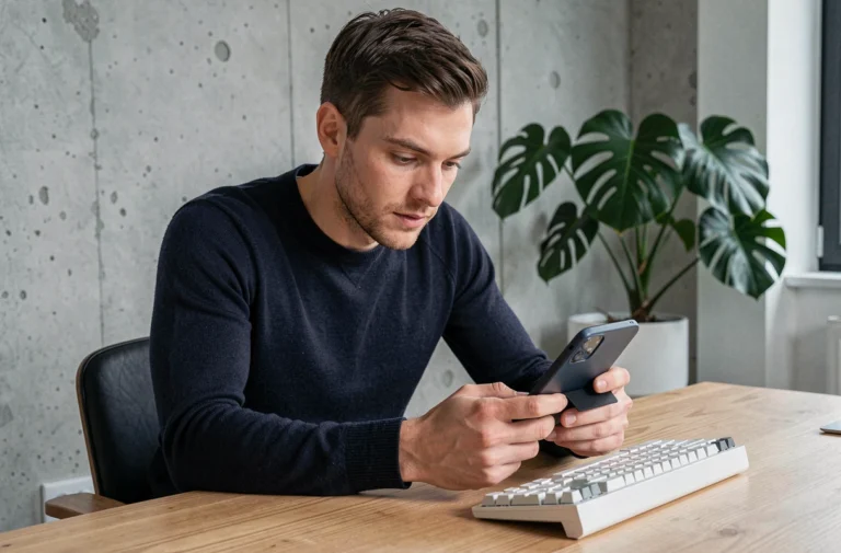 Homme passionné de technologie examinant un smartphone pliable dans un bureau minimaliste moderne