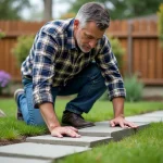 Homme posant une dalle en béton dans le jardin