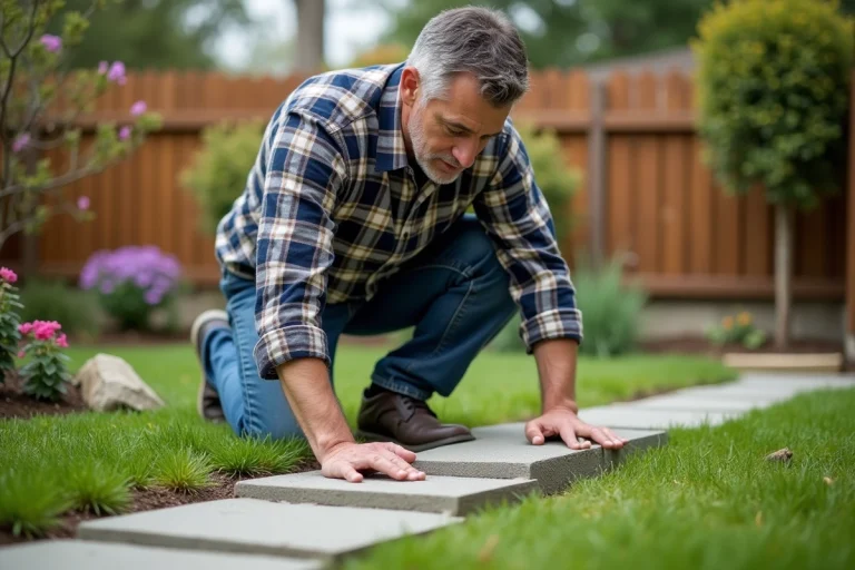 Homme posant une dalle en béton dans le jardin