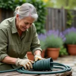 Femme rangeant soigneusement un tuyau d'arrosage extensible en le lovant sur un banc de jardin en bois