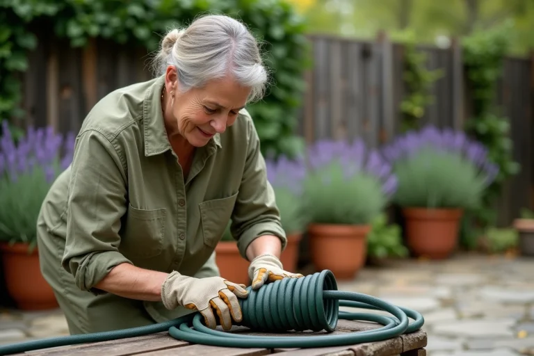 Femme rangeant soigneusement un tuyau d'arrosage extensible en le lovant sur un banc de jardin en bois