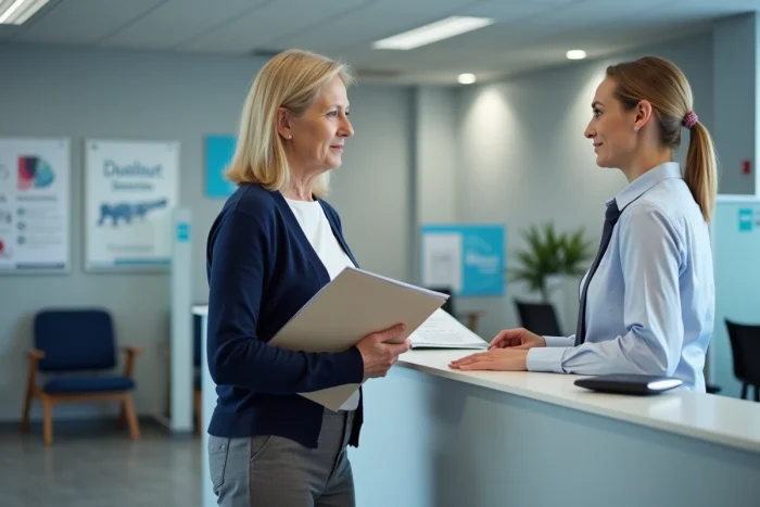 Femme déposant un recours auprès d'un organisme de sécurité sociale après un refus d'arrêt de travail par son médecin