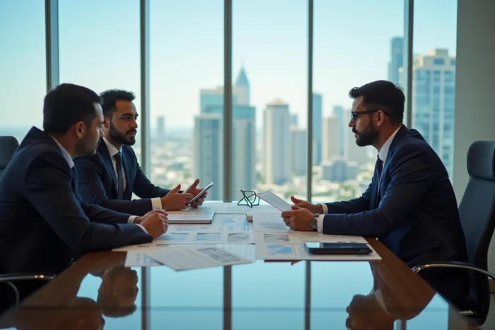 Dirigeants en réunion avec vue sur Rabat