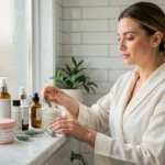 Femme en robe de bain arrangeant des produits de beauté sur une étagère en marbre dans une salle de bain élégante