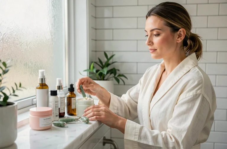 Femme en robe de bain arrangeant des produits de beauté sur une étagère en marbre dans une salle de bain élégante