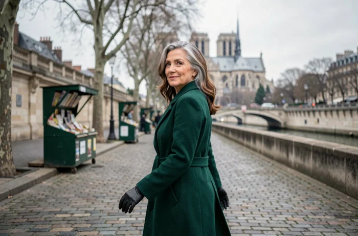 Femme sophistiquée aux cheveux argentés marchant sur les quais de Seine à Paris avec un sourire énigmatique, manteau émeraude, atmosphère romantique et mystérieuse d'une vie secrète