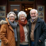 Groupe de seniors souriants devant un cinéma en automne