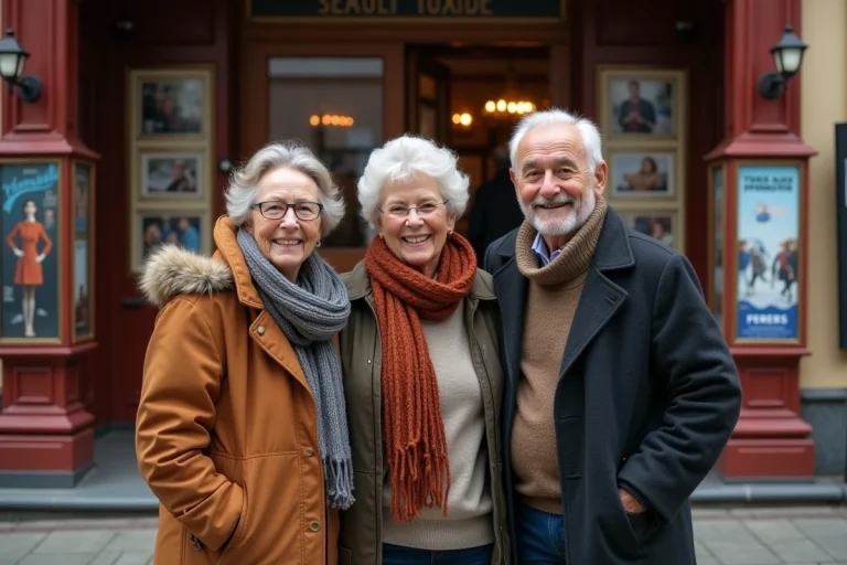 Groupe de seniors souriants devant un cinéma en automne