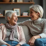 Femme senior souriante en conversation chaleureuse