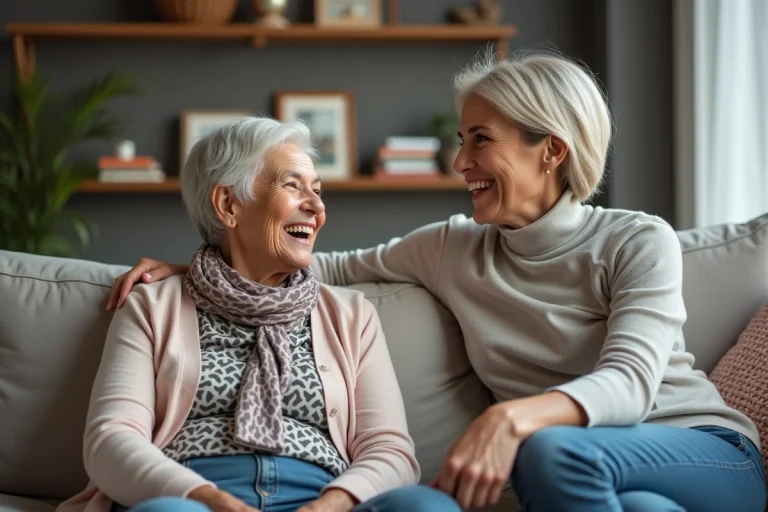 Femme senior souriante en conversation chaleureuse
