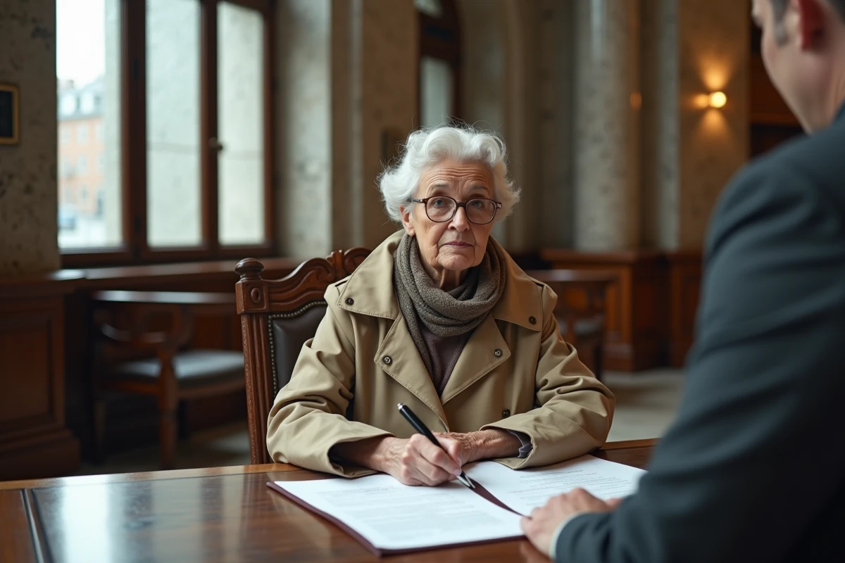 Femme âgée signant des documents dans un bureau notarial ancien