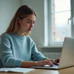 Jeune femme consultant son dossier d'examen Cyclades sur un ordinateur portable dans un bureau à domicile