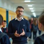 Superviseur masculin en école parlant aux adolescents