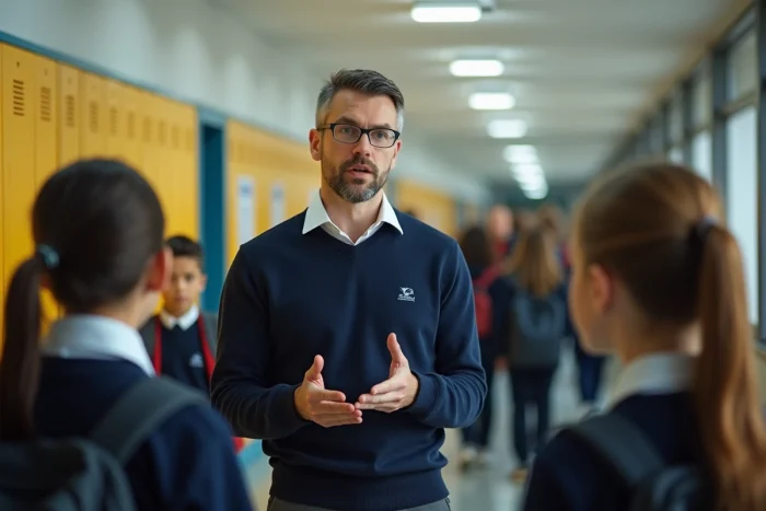 Superviseur masculin en école parlant aux adolescents
