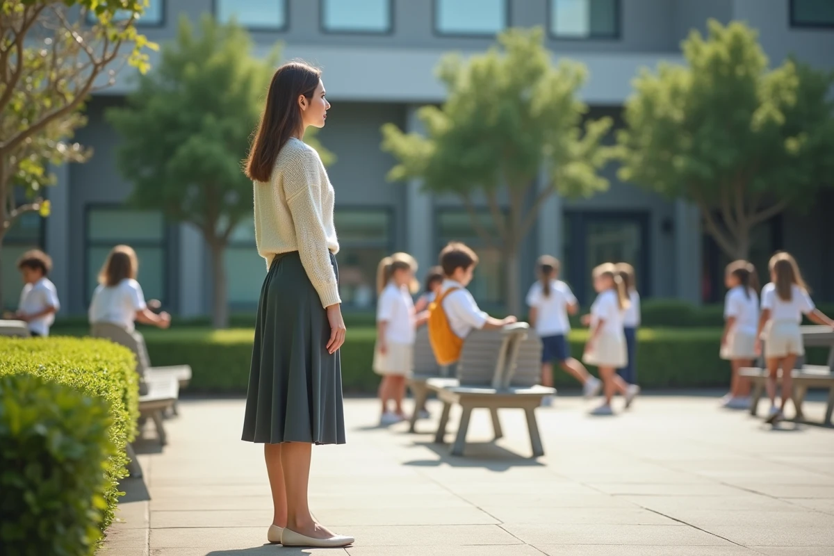 Superviseuse surveillant élèves en cour de récréation