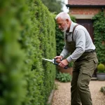 Jardinier expérimenté taillant une haie de buis avec des cisailles manuelles dans un jardin soigné aux allées de gravier