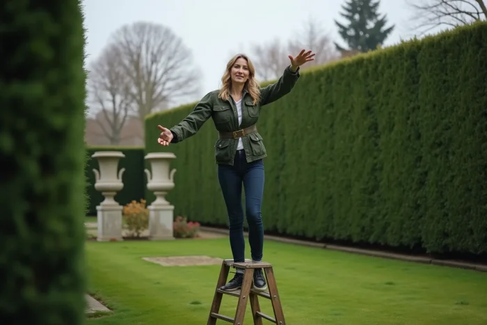 Femme jardinière sur un escabeau taillant le sommet d'une haute haie d'if dans un jardin à la française au style formel