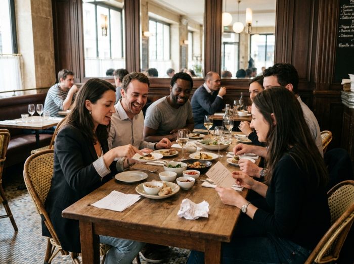 Équipe de collègues engagés dans un défi culinaire de team building dans une brasserie parisienne contemporaine