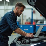 Technicien automobile connectant un outil de diagnostic au moteur pour une reprogrammation stage 1