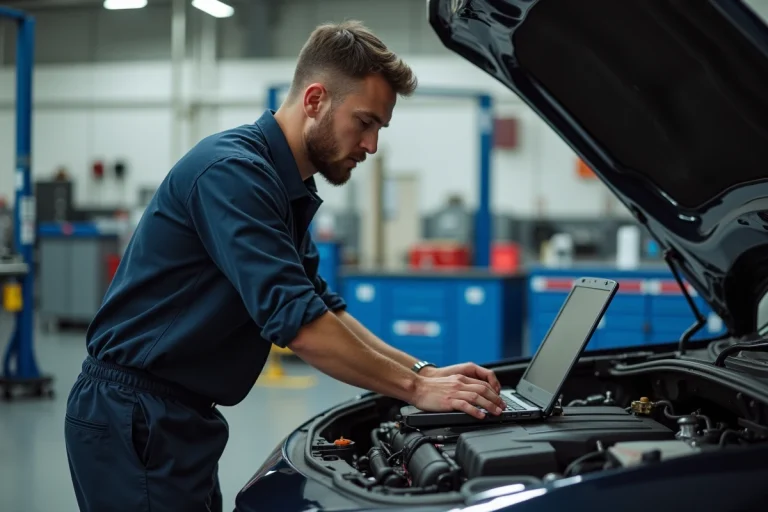 Technicien automobile connectant un outil de diagnostic au moteur pour une reprogrammation stage 1