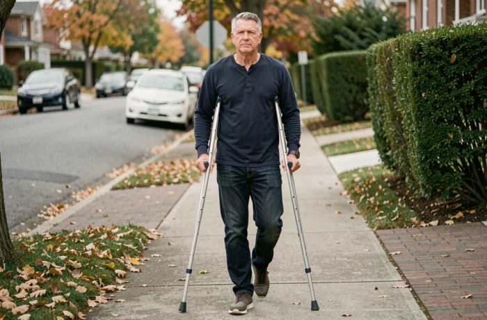 Homme marchant avec des béquilles axillaires sur un trottoir en extérieur lors de sa rééducation après blessure