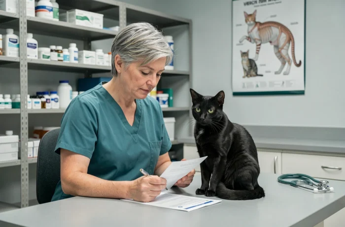 Vétérinaire examinant un chat noir lors d'une consultation d'adoption dans une clinique