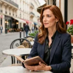 Femme élégante dans la quarantaine assise à une terrasse de café parisien, tenant un journal en cuir, air pensif et romantique évoquant une vie sentimentale secrète