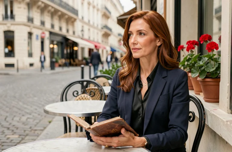 Femme élégante dans la quarantaine assise à une terrasse de café parisien, tenant un journal en cuir, air pensif et romantique évoquant une vie sentimentale secrète