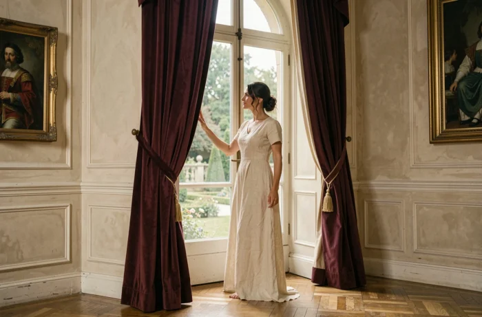 Femme raffinée en robe de lin crème debout près d'une fenêtre arquée dans un intérieur européen classique, ambiance romantique et aristocratique évoquant des secrets de vie amoureuse